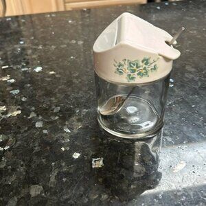 Vintage Glass Sugar Bowl, Spoon & Plastic Lid Gemco (Corelle)